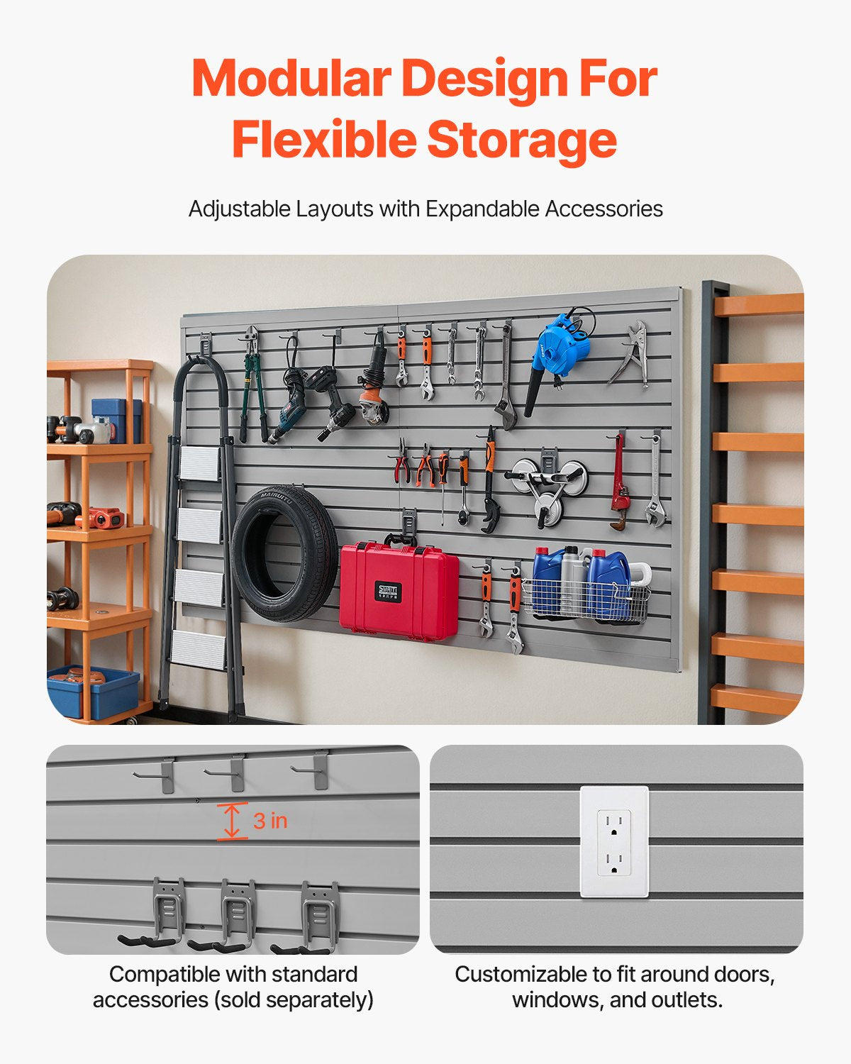 VEVOR Slat Wall Paneling, 8 x 4 ft, PVC Garage Slatwall with Modular Design, Grey Slat Wall Easy-to-Install Adjustable Slatwall Panel with Coupling Structure & DIY Cutting, Fits for Storage & Display - BTQBPVC32SQFR32ROV0 - view 5