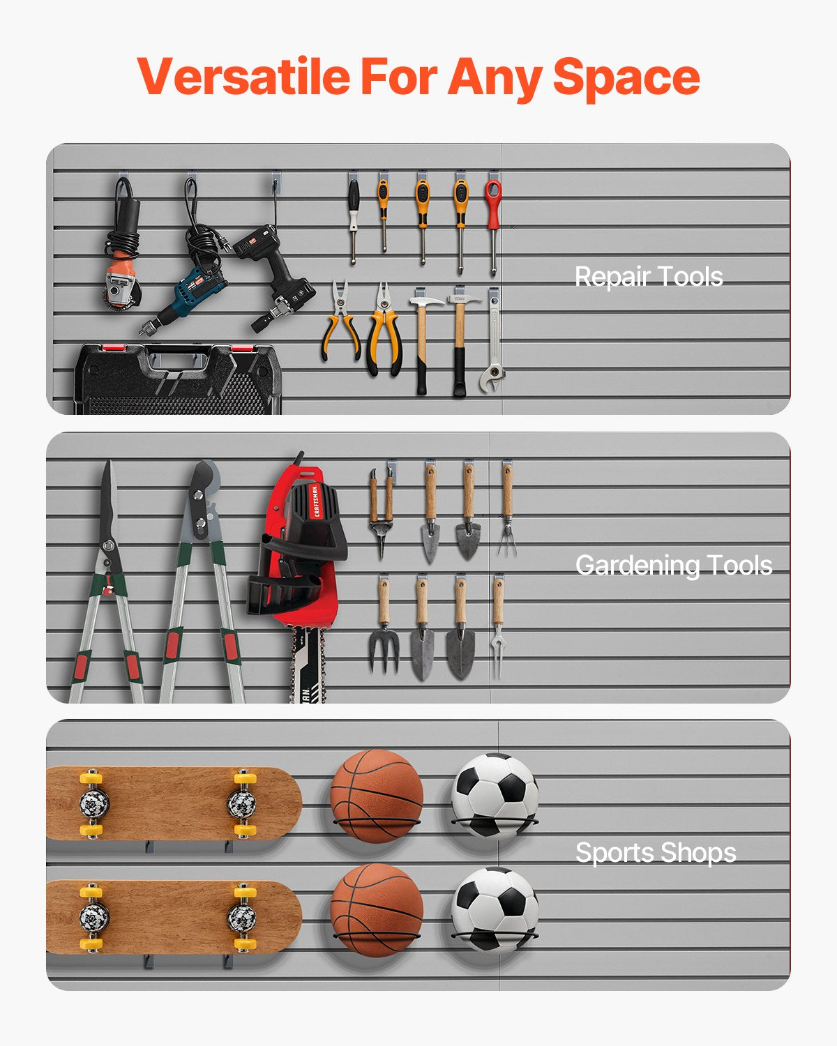 VEVOR Slat Wall Paneling, 8 x 4 ft, PVC Garage Slatwall with Modular Design, Grey Slat Wall Easy-to-Install Adjustable Slatwall Panel with Coupling Structure & DIY Cutting, Fits for Storage & Display - BTQBPVC32SQFR32ROV0 - view 6
