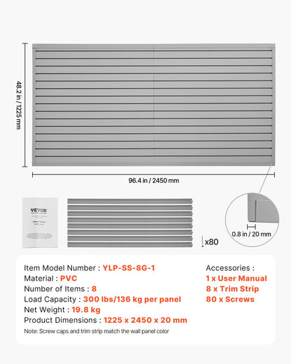 VEVOR Slat Wall Paneling, 8 x 4 ft, PVC Garage Slatwall with Modular Design, Grey Slat Wall Easy-to-Install Adjustable Slatwall Panel with Coupling Structure & DIY Cutting, Fits for Storage & Display - BTQBPVC32SQFR32ROV0 - view 8