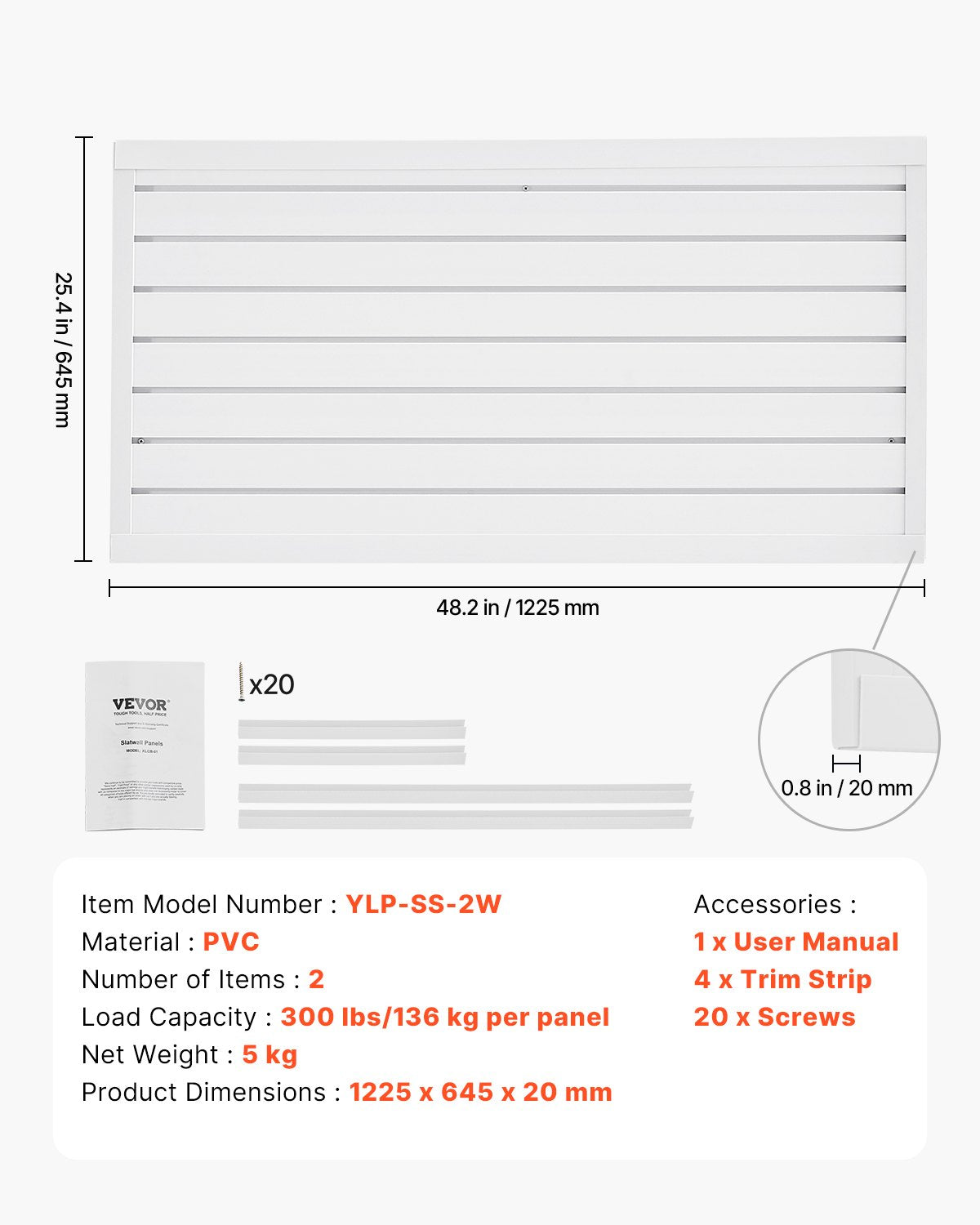 VEVOR Slat Wall Paneling, 2 x 4 ft, PVC Garage Slatwall with Modular Design, White Slat Wall Easy-to-Install Adjustable Slatwall Panel with Coupling Structure & DIY Cutting, Fits for Storage & Display - BTQBPVC8SQFTE76C2V0 - view 8