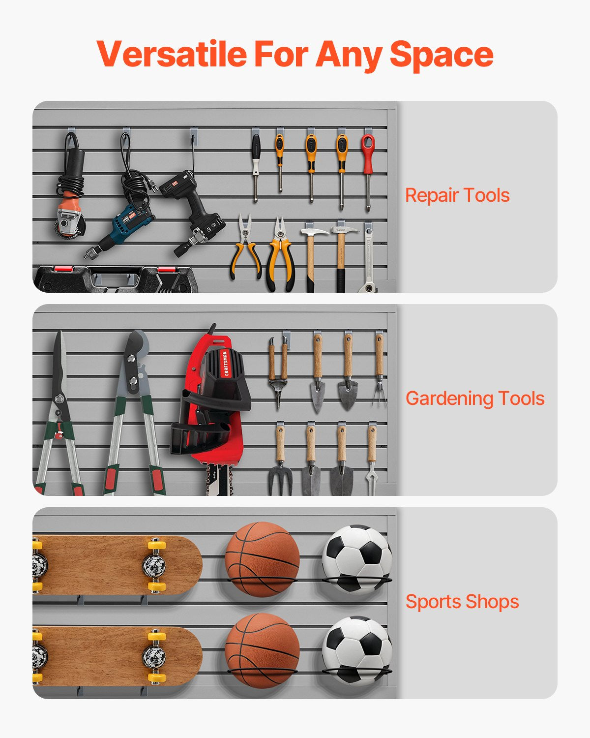 VEVOR Slat Wall Paneling, 2 x 4 ft, PVC Garage Slatwall with Modular Design, Grey Slat Wall Easy-to-Install Adjustable Slatwall Panel with Coupling Structure & DIY Cutting, Fits for Storage & Display - BTQBPVC8SQFTHOMMCV0 - view 6
