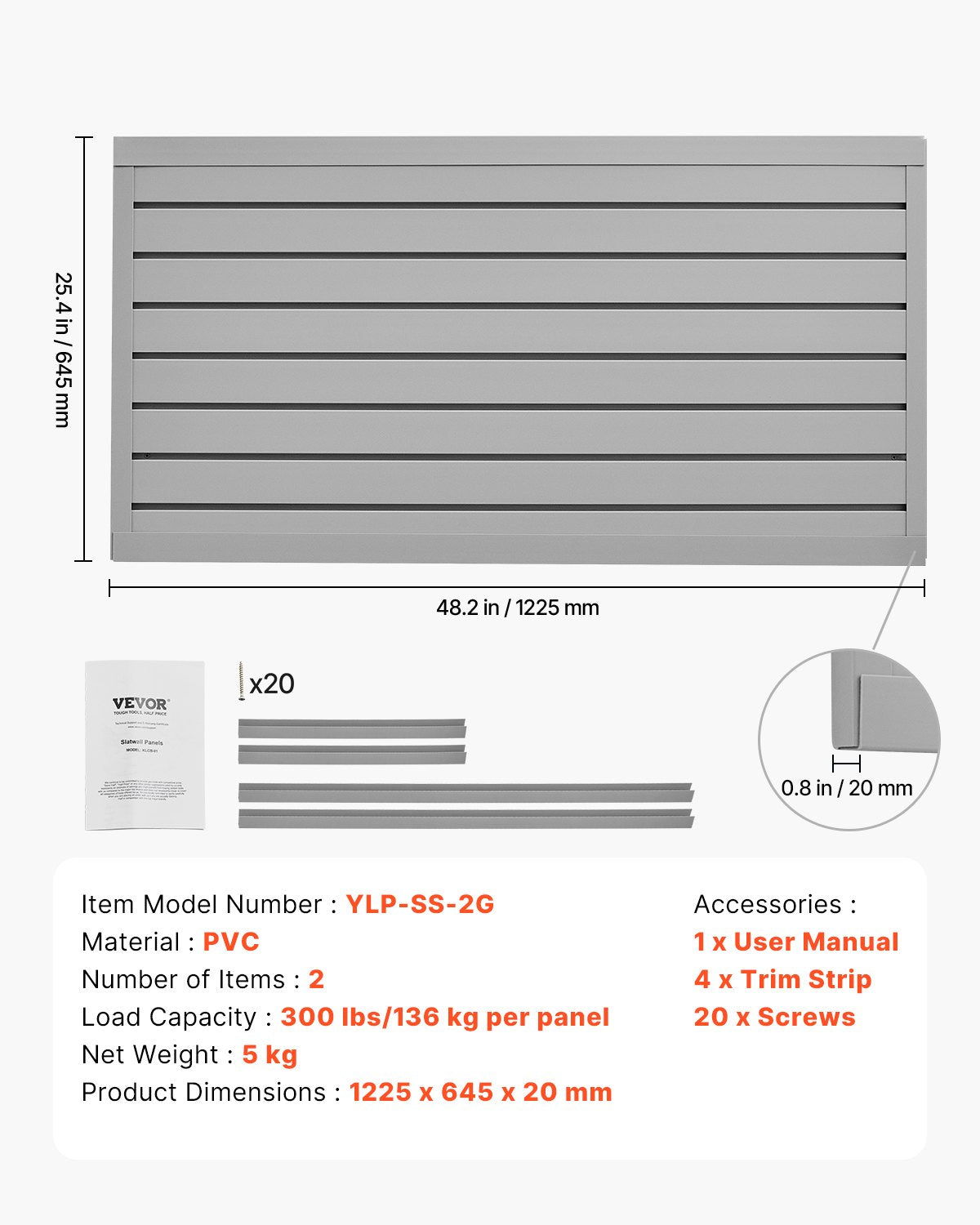 VEVOR Slat Wall Paneling, 2 x 4 ft, PVC Garage Slatwall with Modular Design, Grey Slat Wall Easy-to-Install Adjustable Slatwall Panel with Coupling Structure & DIY Cutting, Fits for Storage & Display - BTQBPVC8SQFTHOMMCV0 - view 8