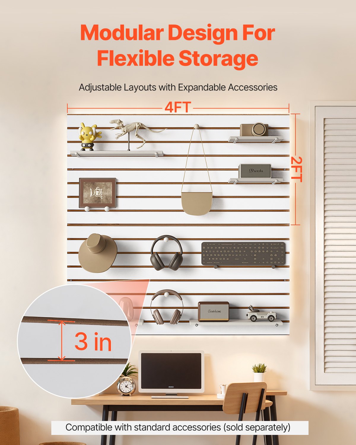 VEVOR Slat Wall Paneling, 4 x 4 ft, MDF Garage Slatwall with Modular Design, White Slat Wall Easy-to-Install Adjustable Slatwall Panel with Coupling Structure & DIY Cutting, Fits for Storage & Display - BTQBXWB16SQF0BHOKV0 - view 5