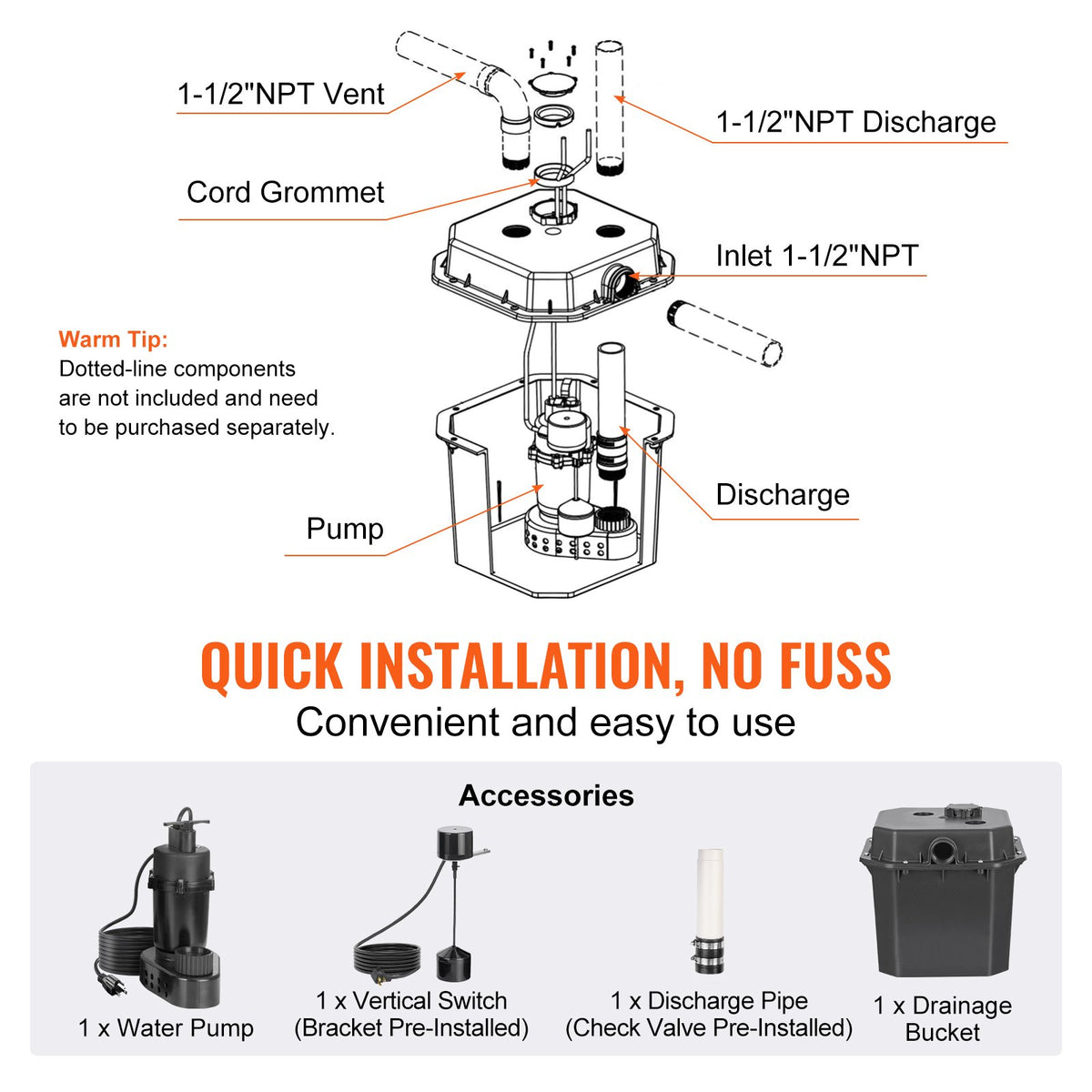 VEVOR Utility Sink Pump, 1/2 HP, 120-Volt, 3500 GPH Flow, 28 ft Head, Under-Sink Sump Pump System with 6 Gallon Basin, Automatic Utility/Laundry Sink Pump, Drain Pump with 1-1/2" NPT Outlet, Black - BTTZSCPSB12HXSF52V1 - view 7