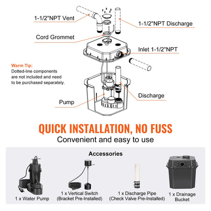 VEVOR Utility Sink Pump, 1/2 HP, 120-Volt, 3500 GPH Flow, 28 ft Head, Under-Sink Sump Pump System with 6 Gallon Basin, Automatic Utility/Laundry Sink Pump, Drain Pump with 1-1/2" NPT Outlet, Black - BTTZSCPSB12HXSF52V1 - view 7