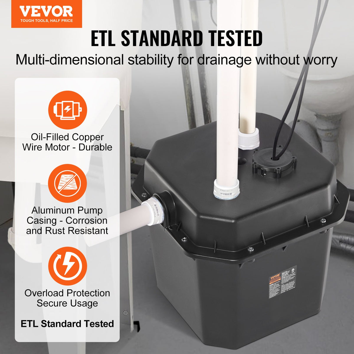 VEVOR Utility Sink Pump, 1/3 HP, 120-Volt, 2900 GPH Flow, 25 ft Head, Under-Sink Sump Pump System with 6 Gallon Basin, Automatic Utility/Laundry Sink Pump, Drain Pump with 1-1/2" NPT Outlet, Black - BTTZSCPSB13HJFASSV1 - view 3
