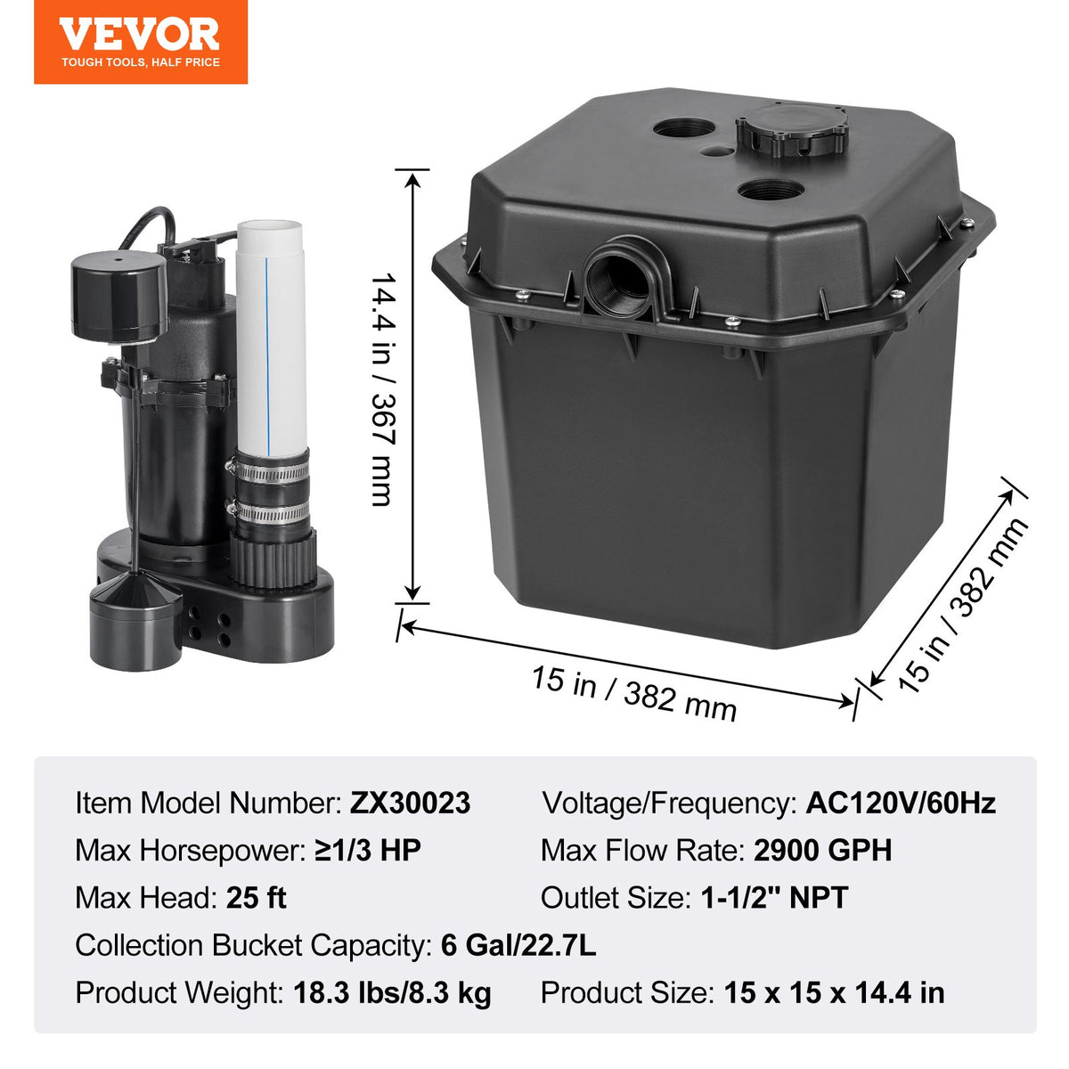 VEVOR Utility Sink Pump, 1/3 HP, 120-Volt, 2900 GPH Flow, 25 ft Head, Under-Sink Sump Pump System with 6 Gallon Basin, Automatic Utility/Laundry Sink Pump, Drain Pump with 1-1/2" NPT Outlet, Black - BTTZSCPSB13HJFASSV1 - view 8