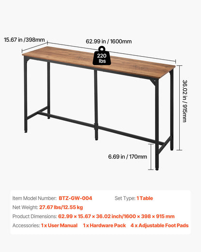 VEVOR Bar Table, 1PCS 63″ Kitchen Bar Table, Tall Dining Tables with Rounded Edge, Rectangular High Top Kitchen Tables for Balcony, Living Room, Light Brown, Black, Extended Horizontal Design - BTZEK1JTJXGYIGI3C001V0 - view 4