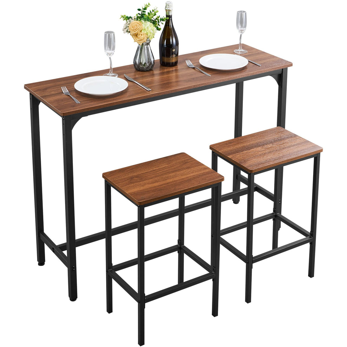 VEVOR Bar Table, 3PCS 47″ Bars Tables Set, Bar Tables and Chair Set with Rounded Edge Design, Rectangular Pub Table with Two Stools for Office Desk, Breakfast Corner, Mini Bars, Rustic Brown, Black - BTZEK3JTJXGYGKY9U001V0 - view 1