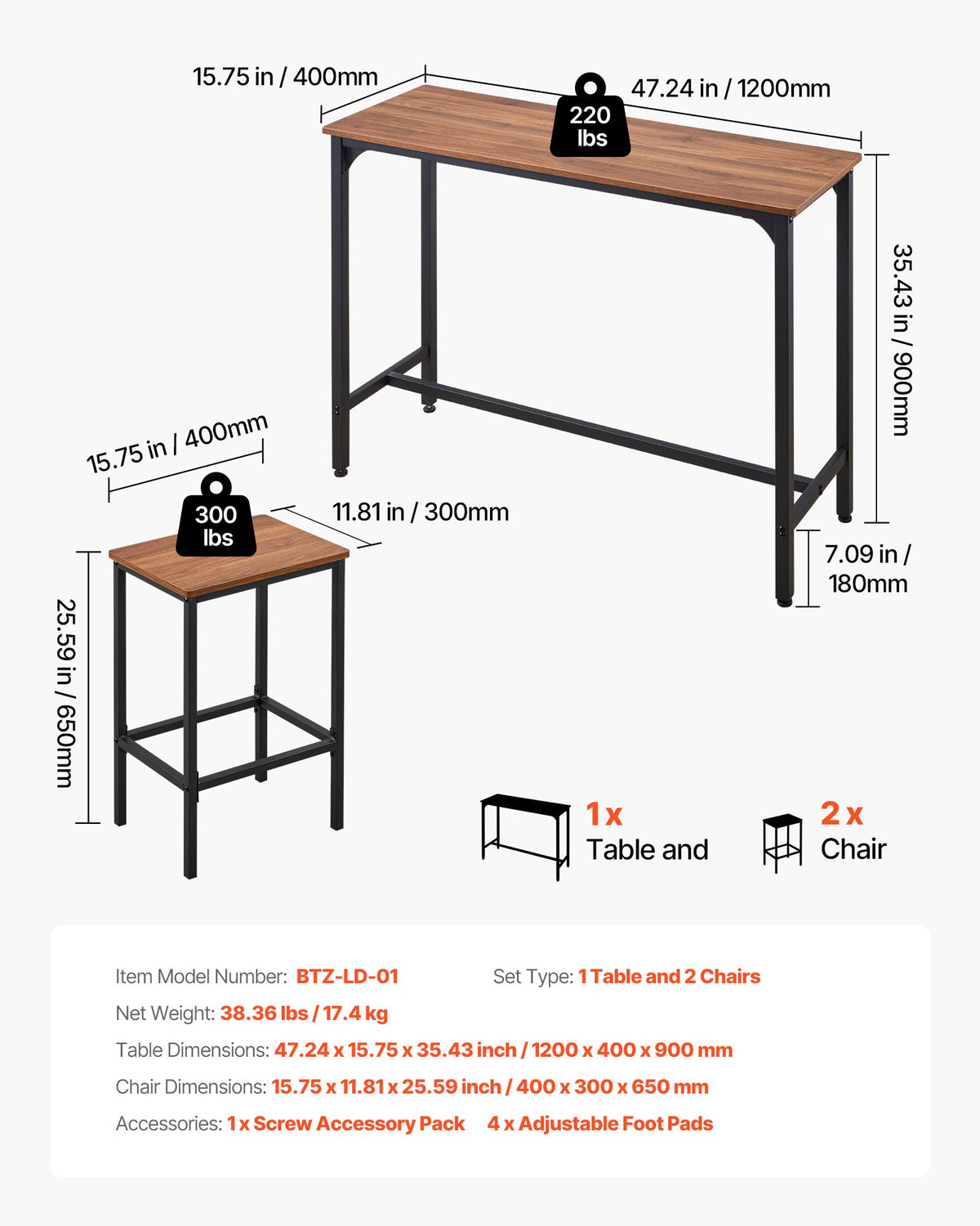 VEVOR Bar Table, 3PCS 47″ Bars Tables Set, Bar Tables and Chair Set with Rounded Edge Design, Rectangular Pub Table with Two Stools for Office Desk, Breakfast Corner, Mini Bars, Rustic Brown, Black - BTZEK3JTJXGYGKY9U001V0 - view 4