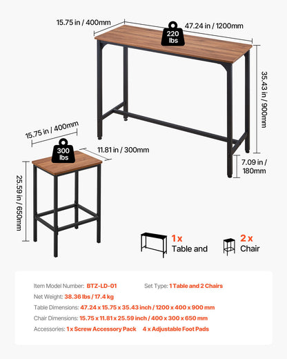 VEVOR Bar Table, 3PCS 47″ Bars Tables Set, Bar Tables and Chair Set with Rounded Edge Design, Rectangular Pub Table with Two Stools for Office Desk, Breakfast Corner, Mini Bars, Rustic Brown, Black - BTZEK3JTJXGYGKY9U001V0 - view 4