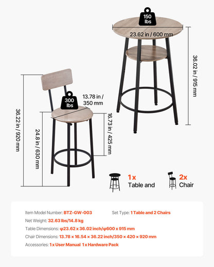 VEVOR Bar Table, 3PCS 23.5″ Bars Tables Set, Bar Tables and Chair Set with Rounded Corner Design, Round Pub Table with Two Stools for Office Desk, Breakfast Corner, Mini Bars, Light Gray, Black - BTZEK3JTYXGYWTHHM001V0 - view 4
