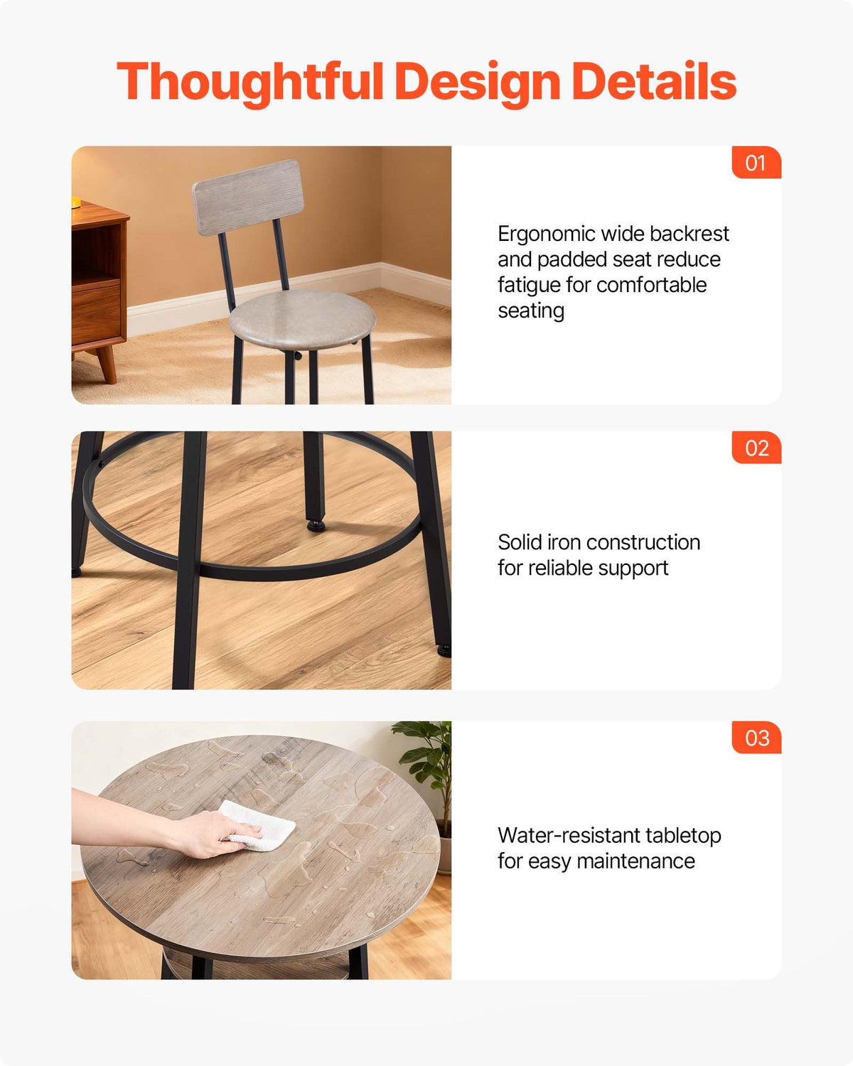 VEVOR Bar Table, 3PCS 23.5″ Bars Tables Set, Bar Tables and Chair Set with Rounded Corner Design, Round Pub Table with Two Stools for Office Desk, Breakfast Corner, Mini Bars, Light Gray, Black - BTZEK3JTYXGYWTHHM001V0 - view 8