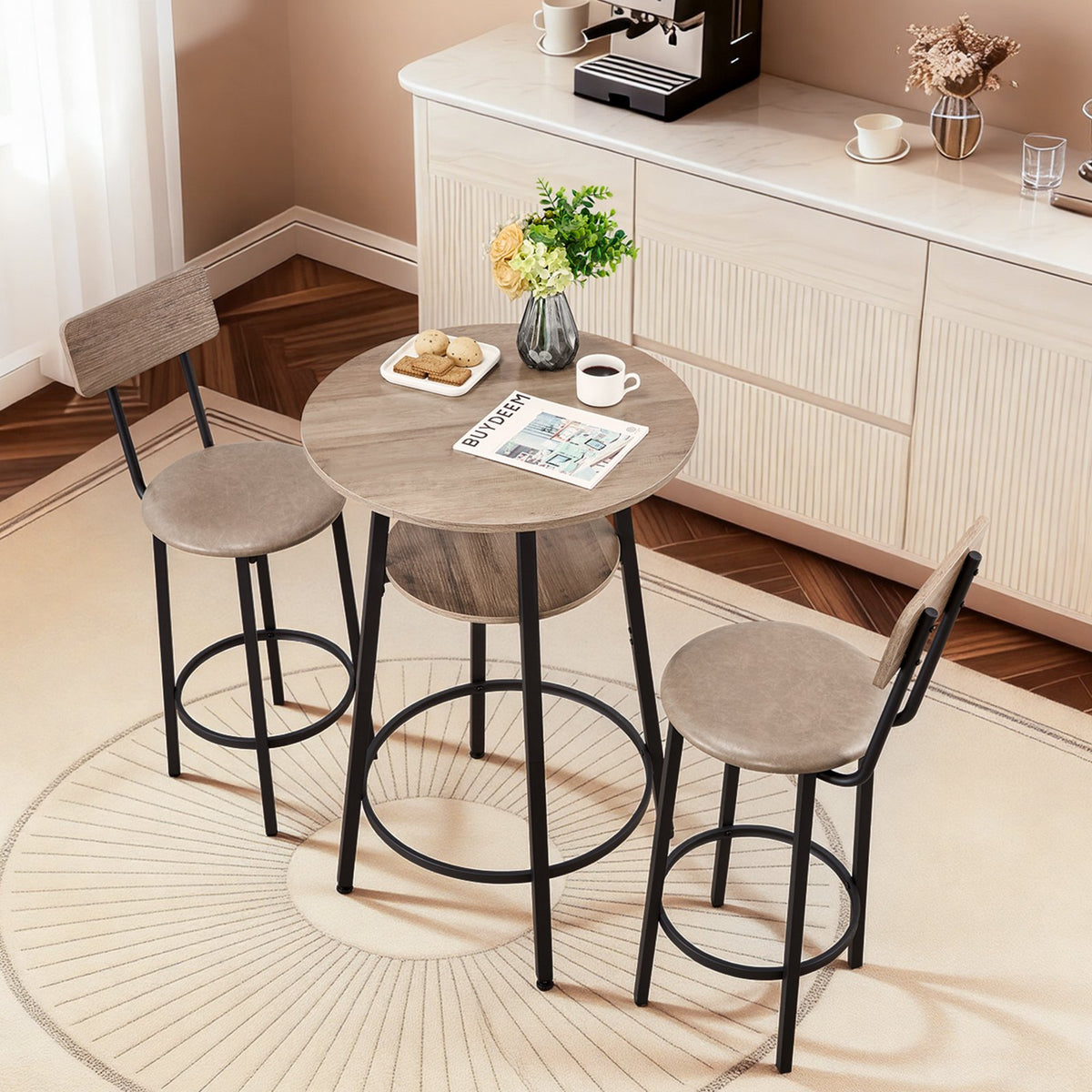 VEVOR Bar Table, 3PCS 23.5″ Bars Tables Set, Bar Tables and Chair Set with Rounded Corner Design, Round Pub Table with Two Stools for Office Desk, Breakfast Corner, Mini Bars, Light Gray, Black - BTZEK3JTYXGYWTHHM001V0 - view 9