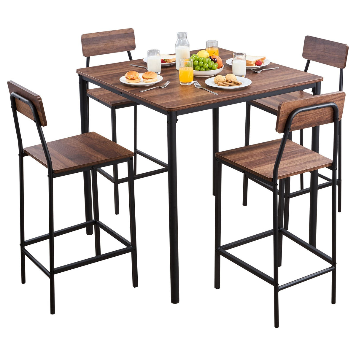 VEVOR Bar Table, 5PCS 35″ Bars Tables Set, Bar Tables and Chair Set with Rounded Edge Design, Square Pub Table with Four Stools for Living Room, Dining Room, Kitchen, Walnut Color, Black - BTZEK5JTFXGYDEG0I001V0 - view 1