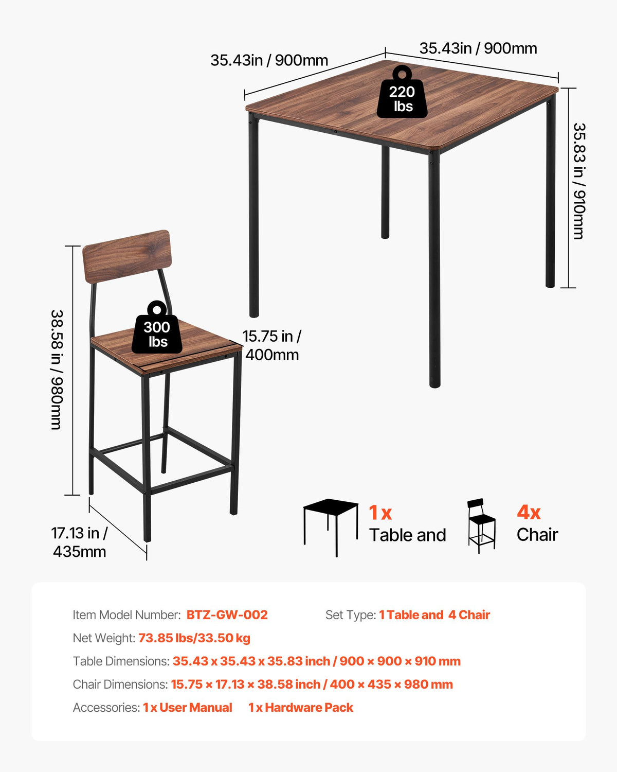 VEVOR Bar Table, 5PCS 35″ Bars Tables Set, Bar Tables and Chair Set with Rounded Edge Design, Square Pub Table with Four Stools for Living Room, Dining Room, Kitchen, Walnut Color, Black - BTZEK5JTFXGYDEG0I001V0 - view 4