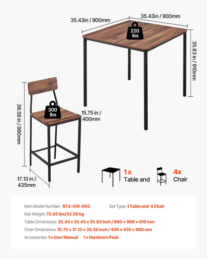 VEVOR Bar Table, 5PCS 35″ Bars Tables Set, Bar Tables and Chair Set with Rounded Edge Design, Square Pub Table with Four Stools for Living Room, Dining Room, Kitchen, Walnut Color, Black - BTZEK5JTFXGYDEG0I001V0 - view 4
