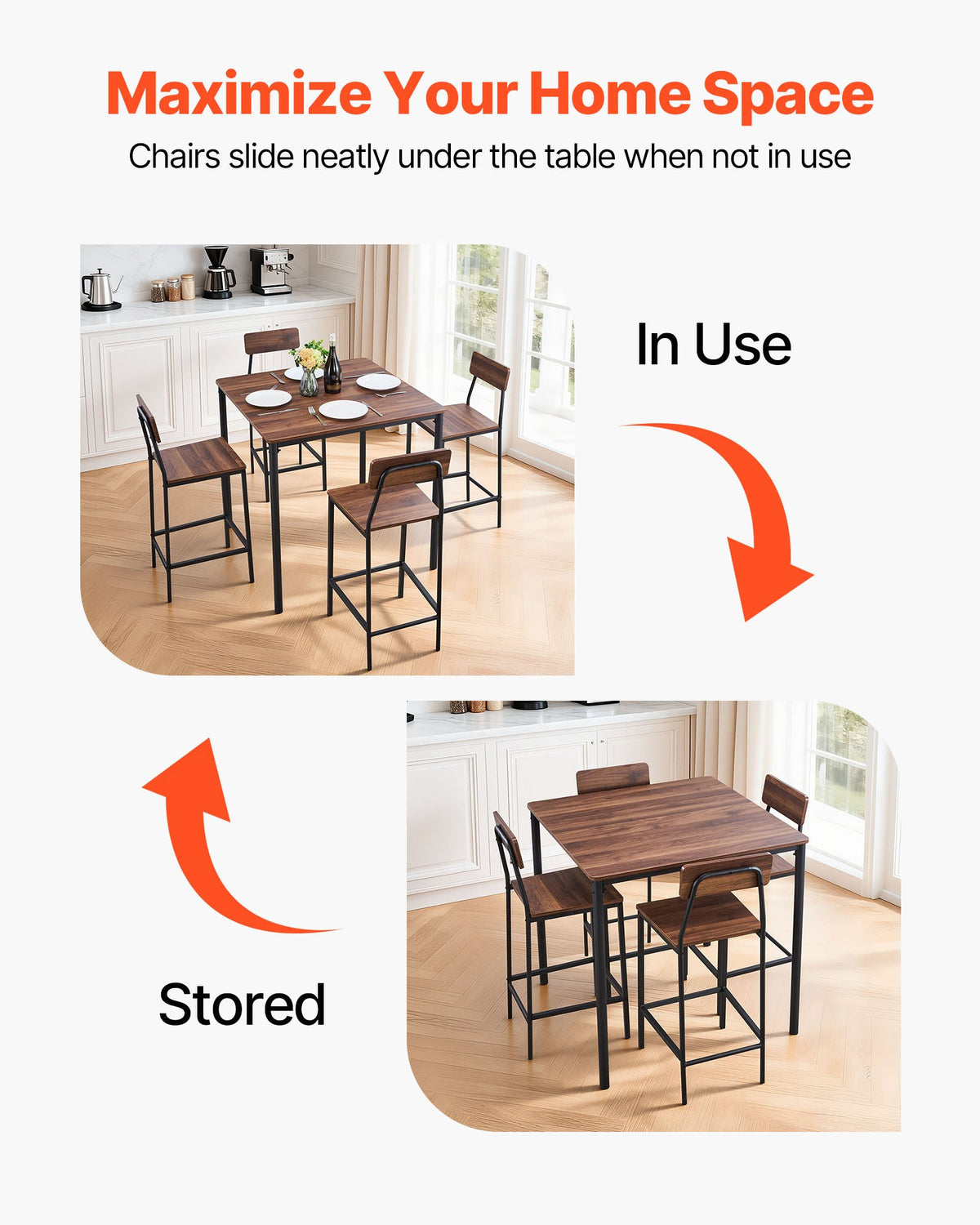 VEVOR Bar Table, 5PCS 35″ Bars Tables Set, Bar Tables and Chair Set with Rounded Edge Design, Square Pub Table with Four Stools for Living Room, Dining Room, Kitchen, Walnut Color, Black - BTZEK5JTFXGYDEG0I001V0 - view 6