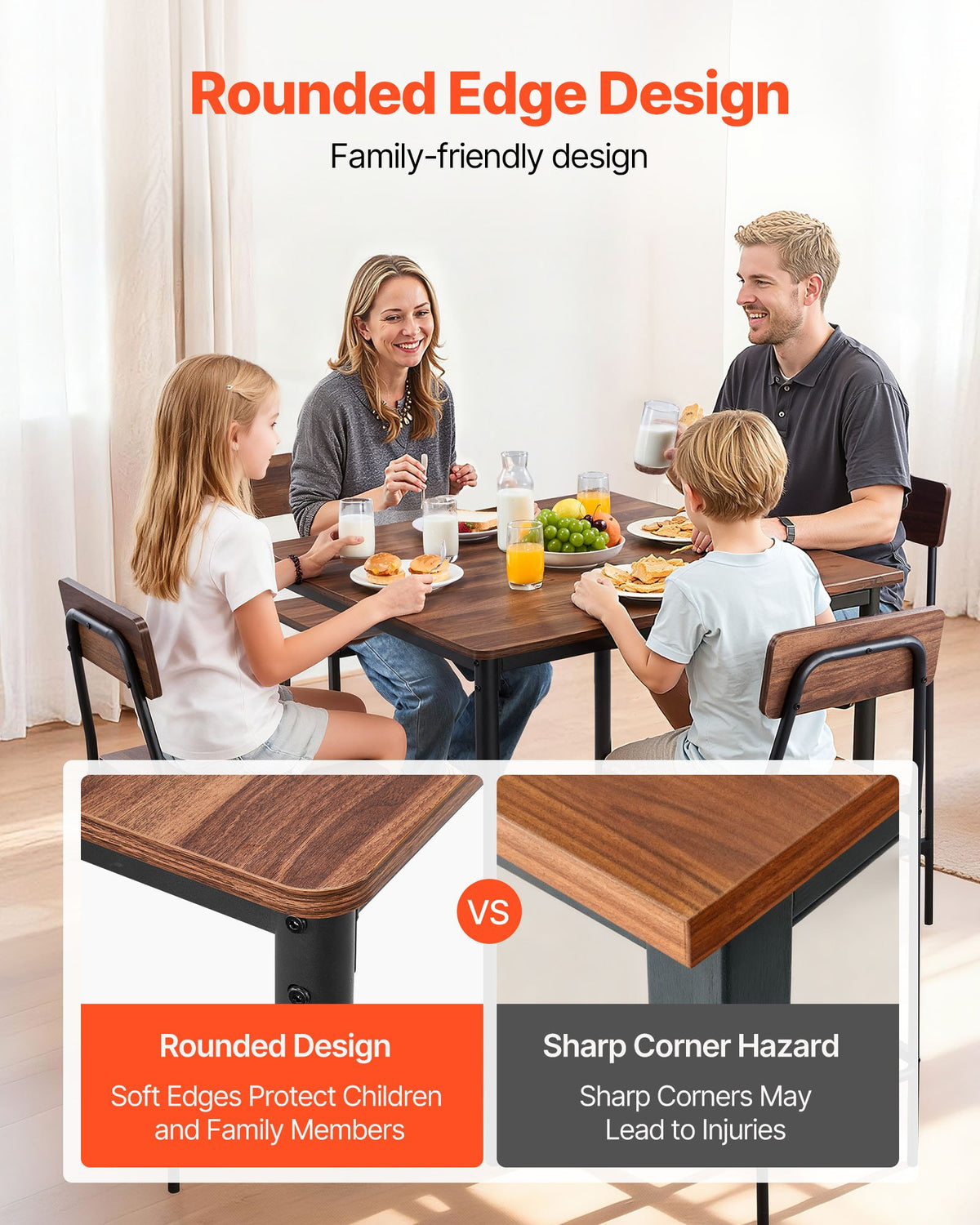 VEVOR Bar Table, 5PCS 35″ Bars Tables Set, Bar Tables and Chair Set with Rounded Edge Design, Square Pub Table with Four Stools for Living Room, Dining Room, Kitchen, Walnut Color, Black - BTZEK5JTFXGYDEG0I001V0 - view 7