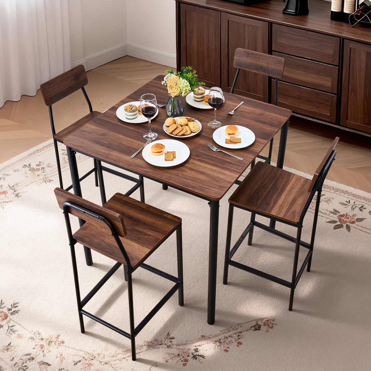 VEVOR Bar Table, 5PCS 35″ Bars Tables Set, Bar Tables and Chair Set with Rounded Edge Design, Square Pub Table with Four Stools for Living Room, Dining Room, Kitchen, Walnut Color, Black - BTZEK5JTFXGYDEG0I001V0 - view 9