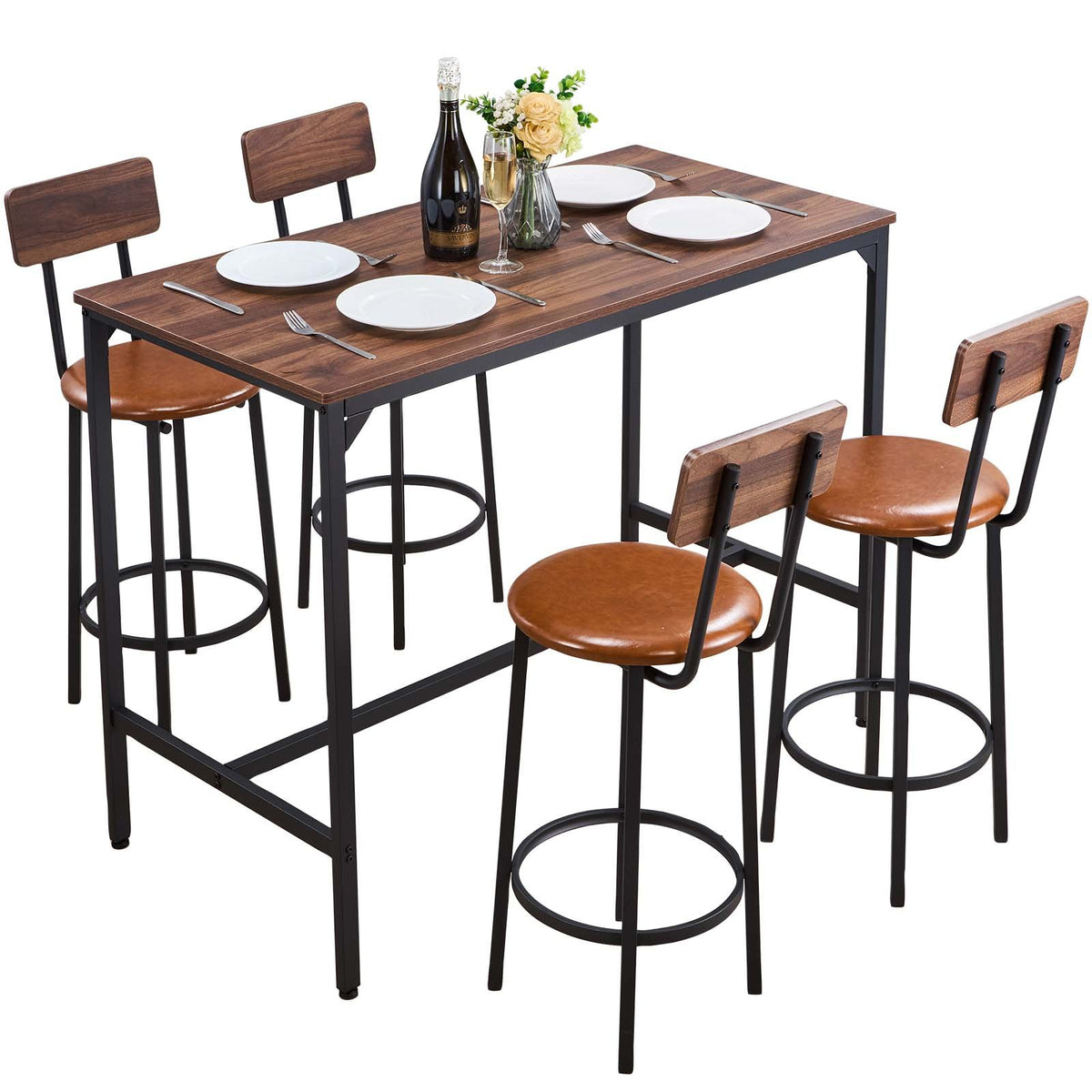 VEVOR Bar Table, 5PCS 47″ Bars Tables Set, Bar Tables and Chair Set with Rounded Edge Design, Rectangular Pub Table with Four Stools for Living Room, Dining Room, Kitchen, Walnut Color, Black - BTZEK5JTJXGY9TYCM001V0 - view 1