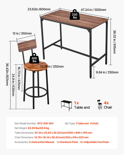 VEVOR Bar Table, 5PCS 47″ Bars Tables Set, Bar Tables and Chair Set with Rounded Edge Design, Rectangular Pub Table with Four Stools for Living Room, Dining Room, Kitchen, Walnut Color, Black - BTZEK5JTJXGY9TYCM001V0 - view 4