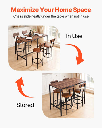 VEVOR Bar Table, 5PCS 47″ Bars Tables Set, Bar Tables and Chair Set with Rounded Edge Design, Rectangular Pub Table with Four Stools for Living Room, Dining Room, Kitchen, Walnut Color, Black - BTZEK5JTJXGY9TYCM001V0 - view 6