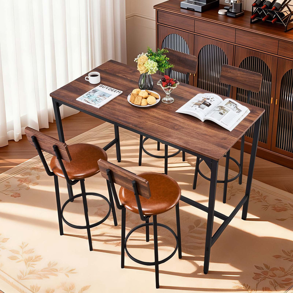 VEVOR Bar Table, 5PCS 47″ Bars Tables Set, Bar Tables and Chair Set with Rounded Edge Design, Rectangular Pub Table with Four Stools for Living Room, Dining Room, Kitchen, Walnut Color, Black - BTZEK5JTJXGY9TYCM001V0 - view 9