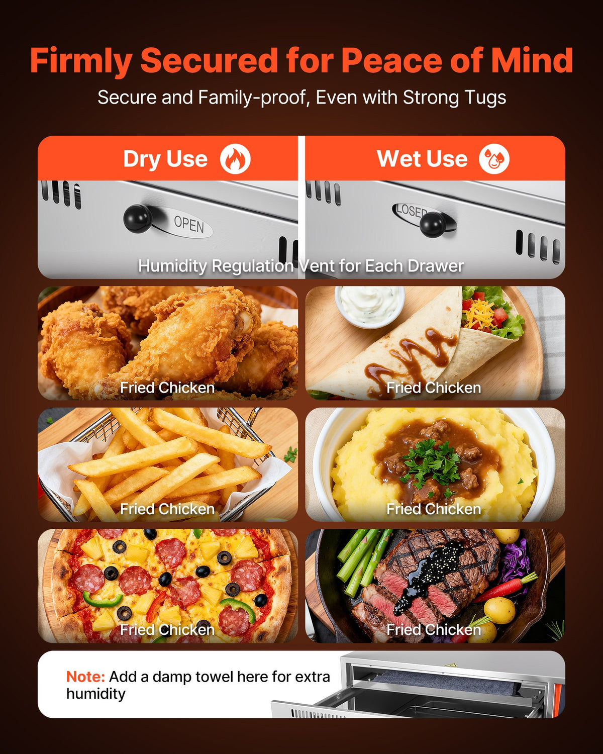 VEVOR Commercial Electric Drawer Warmer, Single-Drawer Stainless Steel Food Warmer, Freestanding Standard Warming Drawer Cabinet, 85°F–185°F Wide Temperature Range, for Restaurant, Hotel & Bakery - BWCTDLSBZX1G4DKGK001V1 - view 5