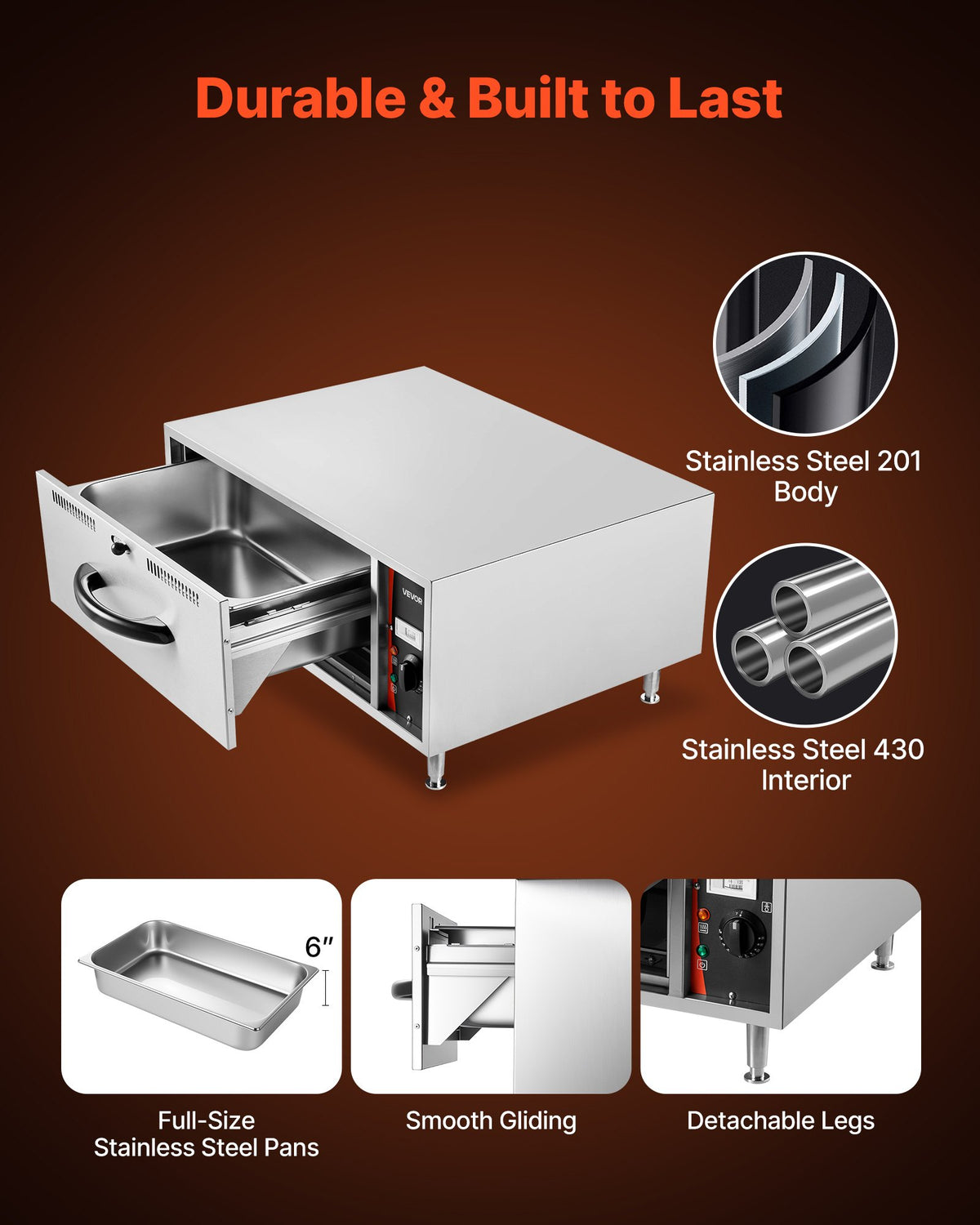VEVOR Commercial Electric Drawer Warmer, Single-Drawer Stainless Steel Food Warmer, Freestanding Standard Warming Drawer Cabinet, 85°F–185°F Wide Temperature Range, for Restaurant, Hotel & Bakery - BWCTDLSBZX1G4DKGK001V1 - view 6