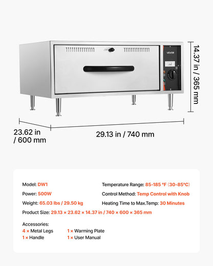 VEVOR Commercial Electric Drawer Warmer, Single-Drawer Stainless Steel Food Warmer, Freestanding Standard Warming Drawer Cabinet, 85°F–185°F Wide Temperature Range, for Restaurant, Hotel & Bakery - BWCTDLSBZX1G4DKGK001V1 - view 8
