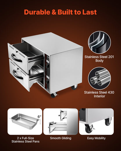 VEVOR Commercial Electric Drawer Warmer, Two-Drawer Stainless Steel Food Warmer, Freestanding Standard Warming Drawer Cabinet, 85°F–185°F Wide Temperature Range, for Restaurant, Hotel Buffet & Bakery - BWCTDLSBZX2GCII22001V1 - view 6