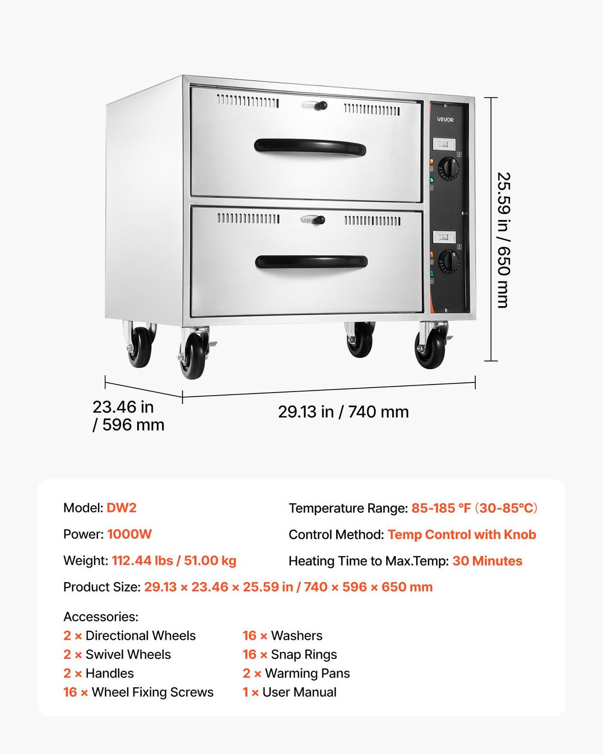 VEVOR Commercial Electric Drawer Warmer, Two-Drawer Stainless Steel Food Warmer, Freestanding Standard Warming Drawer Cabinet, 85°F–185°F Wide Temperature Range, for Restaurant, Hotel Buffet & Bakery - BWCTDLSBZX2GCII22001V1 - view 8