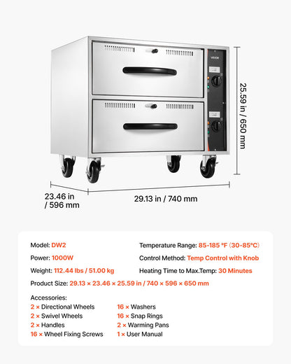 VEVOR Commercial Electric Drawer Warmer, Two-Drawer Stainless Steel Food Warmer, Freestanding Standard Warming Drawer Cabinet, 85°F–185°F Wide Temperature Range, for Restaurant, Hotel Buffet & Bakery - BWCTDLSBZX2GCII22001V1 - view 8