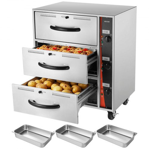 VEVOR Commercial Electric Drawer Warmer, Three-Drawer Stainless Steel Food Warmer, Freestanding Standard Warming Drawer Cabinet, 85°F–185°F Wide Temperature Range, for Restaurant, Hotel Buffet, Bakery - BWCTDLSBZX3G3CX5S001V1 - view 2