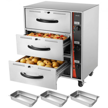 VEVOR Commercial Electric Drawer Warmer, Three-Drawer Stainless Steel Food Warmer, Freestanding Standard Warming Drawer Cabinet, 85°F–185°F Wide Temperature Range, for Restaurant, Hotel Buffet, Bakery - BWCTDLSBZX3G3CX5S001V1 - view 2