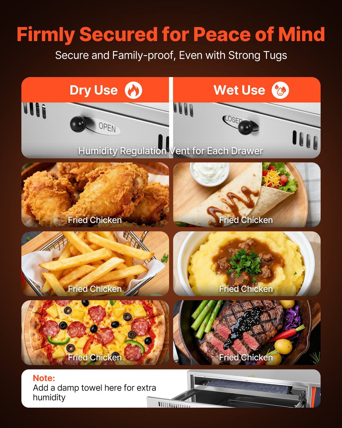 VEVOR Commercial Electric Drawer Warmer, Three-Drawer Stainless Steel Food Warmer, Freestanding Standard Warming Drawer Cabinet, 85°F–185°F Wide Temperature Range, for Restaurant, Hotel Buffet, Bakery - BWCTDLSBZX3G3CX5S001V1 - view 5
