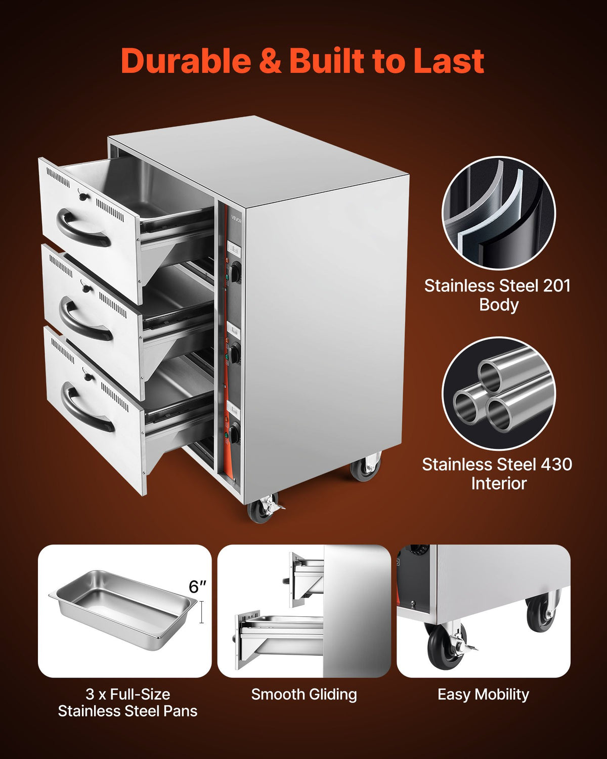VEVOR Commercial Electric Drawer Warmer, Three-Drawer Stainless Steel Food Warmer, Freestanding Standard Warming Drawer Cabinet, 85°F–185°F Wide Temperature Range, for Restaurant, Hotel Buffet, Bakery - BWCTDLSBZX3G3CX5S001V1 - view 6