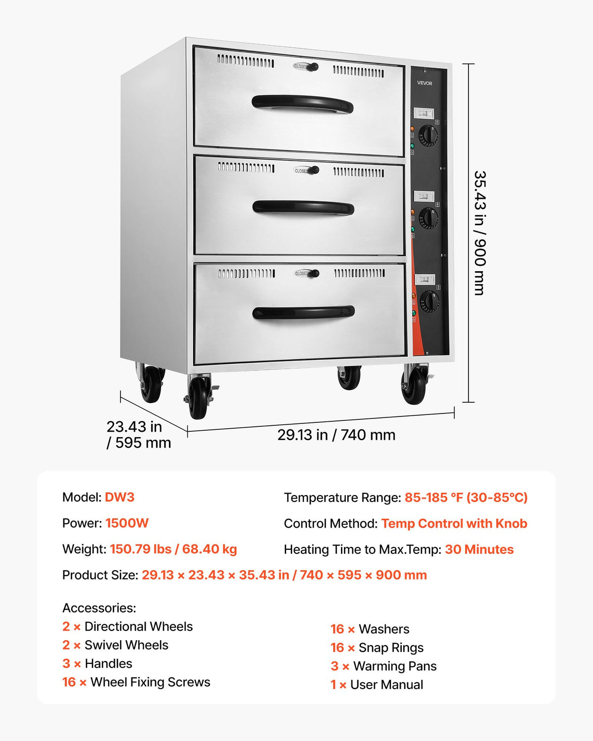 VEVOR Commercial Electric Drawer Warmer, Three-Drawer Stainless Steel Food Warmer, Freestanding Standard Warming Drawer Cabinet, 85°F–185°F Wide Temperature Range, for Restaurant, Hotel Buffet, Bakery - BWCTDLSBZX3G3CX5S001V1 - view 8