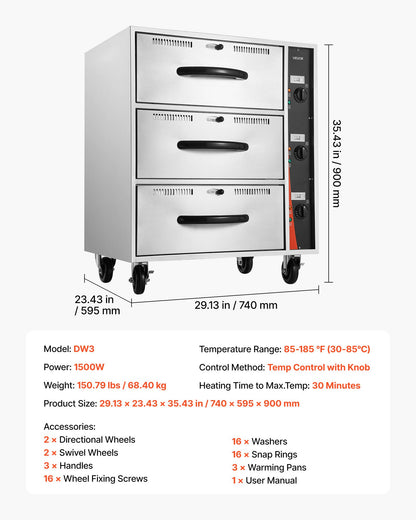 VEVOR Commercial Electric Drawer Warmer, Three-Drawer Stainless Steel Food Warmer, Freestanding Standard Warming Drawer Cabinet, 85°F–185°F Wide Temperature Range, for Restaurant, Hotel Buffet, Bakery - BWCTDLSBZX3G3CX5S001V1 - view 8