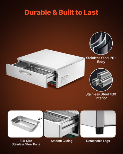 VEVOR Commercial Electric Drawer Warmer, Single-Drawer Stainless Steel Food Warmer, Freestanding Compact Warming Drawer Cabinet, 85°F–185°F Wide Temperature Range, for Restaurant, Hotel & Bakery - BWCTDLSMNX1G3Z8T1001V1 - view 6