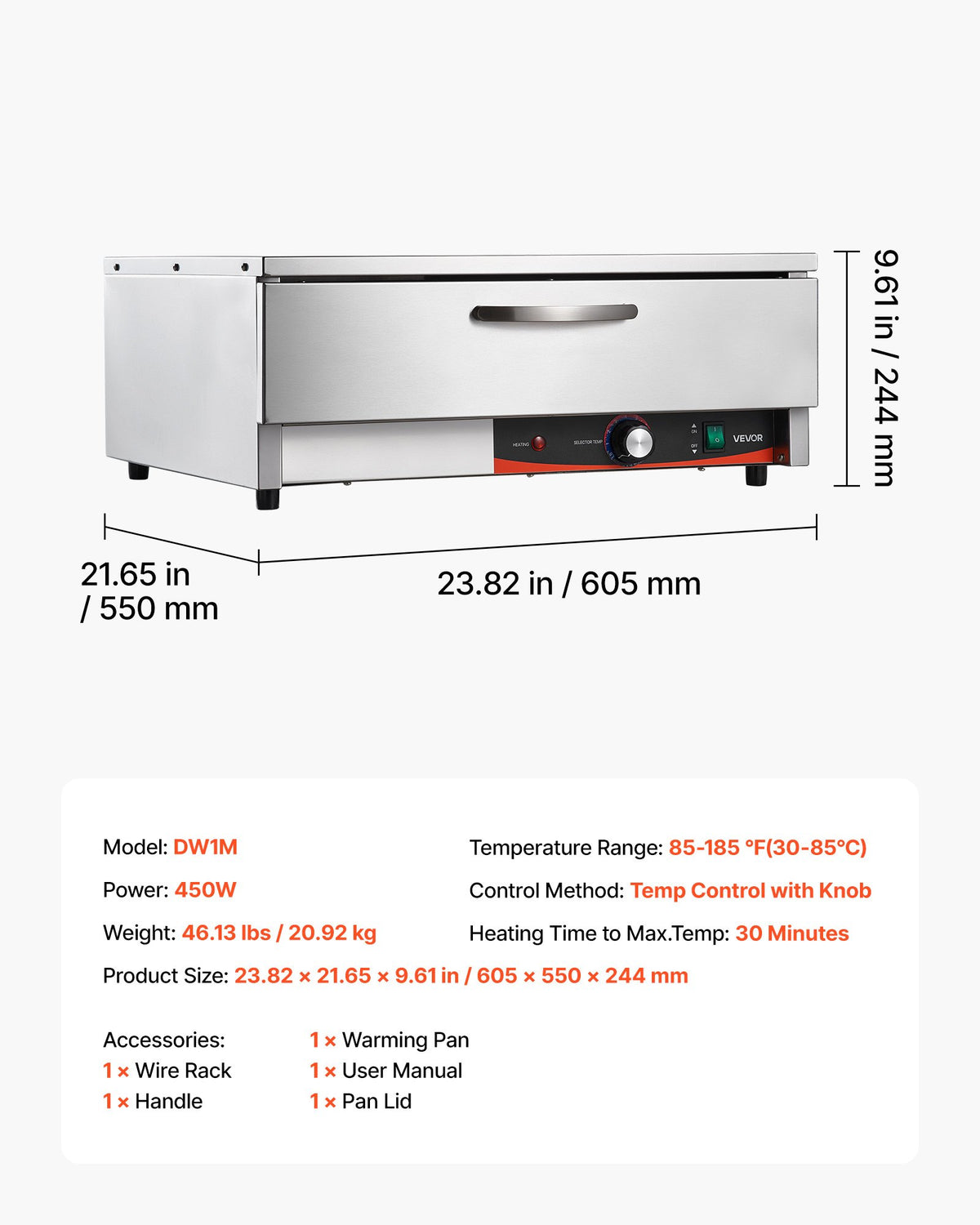 VEVOR Commercial Electric Drawer Warmer, Single-Drawer Stainless Steel Food Warmer, Freestanding Compact Warming Drawer Cabinet, 85°F–185°F Wide Temperature Range, for Restaurant, Hotel & Bakery - BWCTDLSMNX1G3Z8T1001V1 - view 8