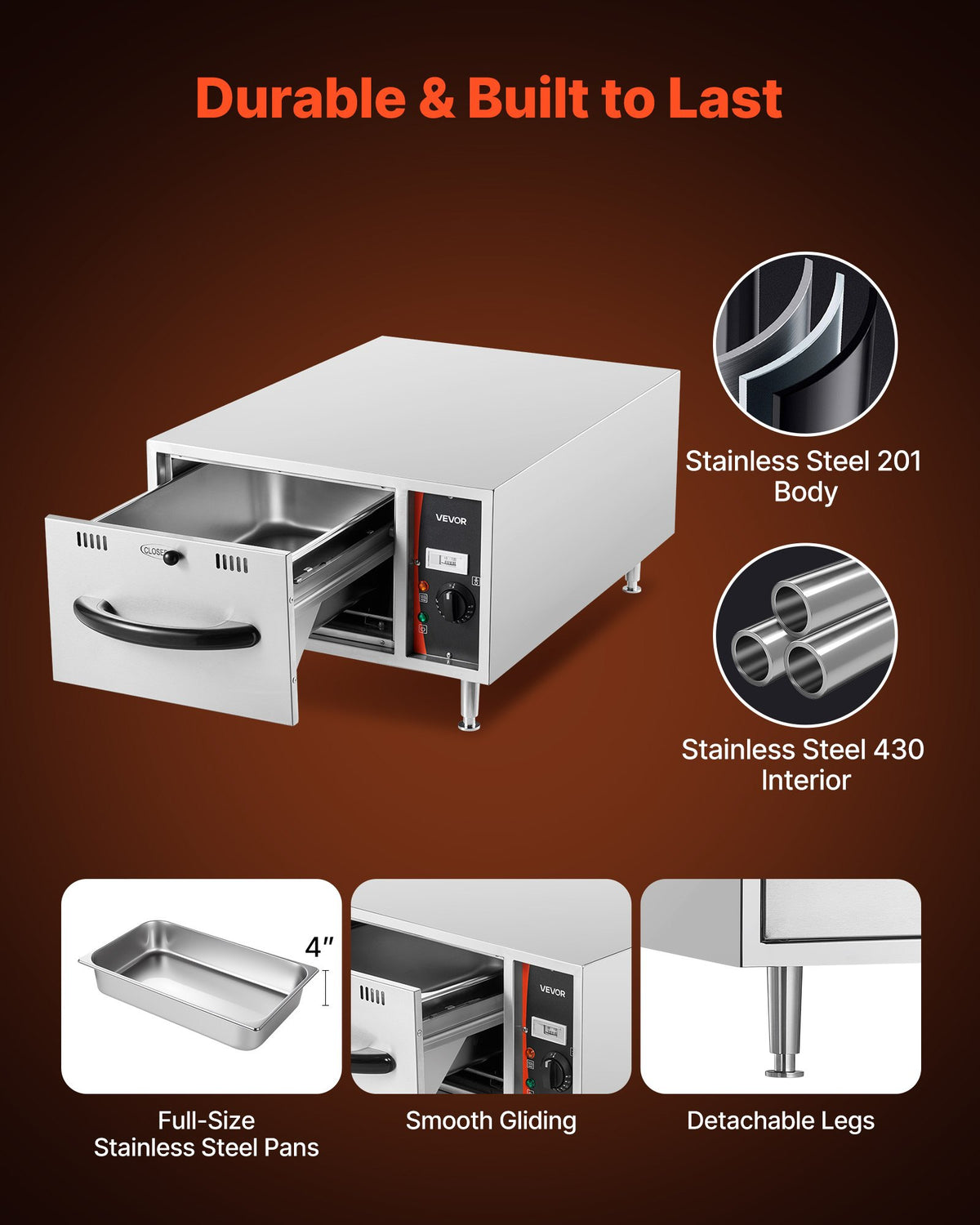 VEVOR Commercial Electric Drawer Warmer, Single-Drawer Stainless Steel Food Warmer, Freestanding Slim Warming Drawer Cabinet, 85°F–185°F Wide Temperature Range, for Restaurant, Hotel, Bakery & Kitchen - BWCTDLSZX1G0IG6Y9001V1 - view 6