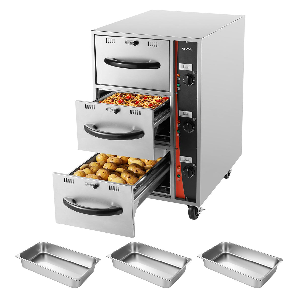 VEVOR Commercial Electric Drawer Warmer, Three-Drawer Stainless Steel Food Warmer, Freestanding Compact Warming Drawer Cabinet, 85°F–185°F Wide Temperature Range, for Restaurant, Hotel Buffet & Bakery - BWCTDLSZX3G05KLPH001V1 - view 1