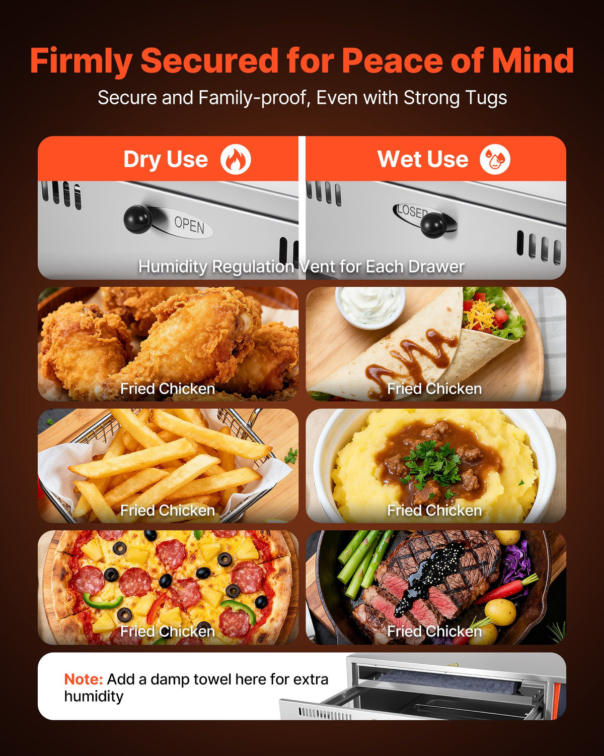 VEVOR Commercial Electric Drawer Warmer, Three-Drawer Stainless Steel Food Warmer, Freestanding Compact Warming Drawer Cabinet, 85°F–185°F Wide Temperature Range, for Restaurant, Hotel Buffet & Bakery - BWCTDLSZX3G05KLPH001V1 - view 5