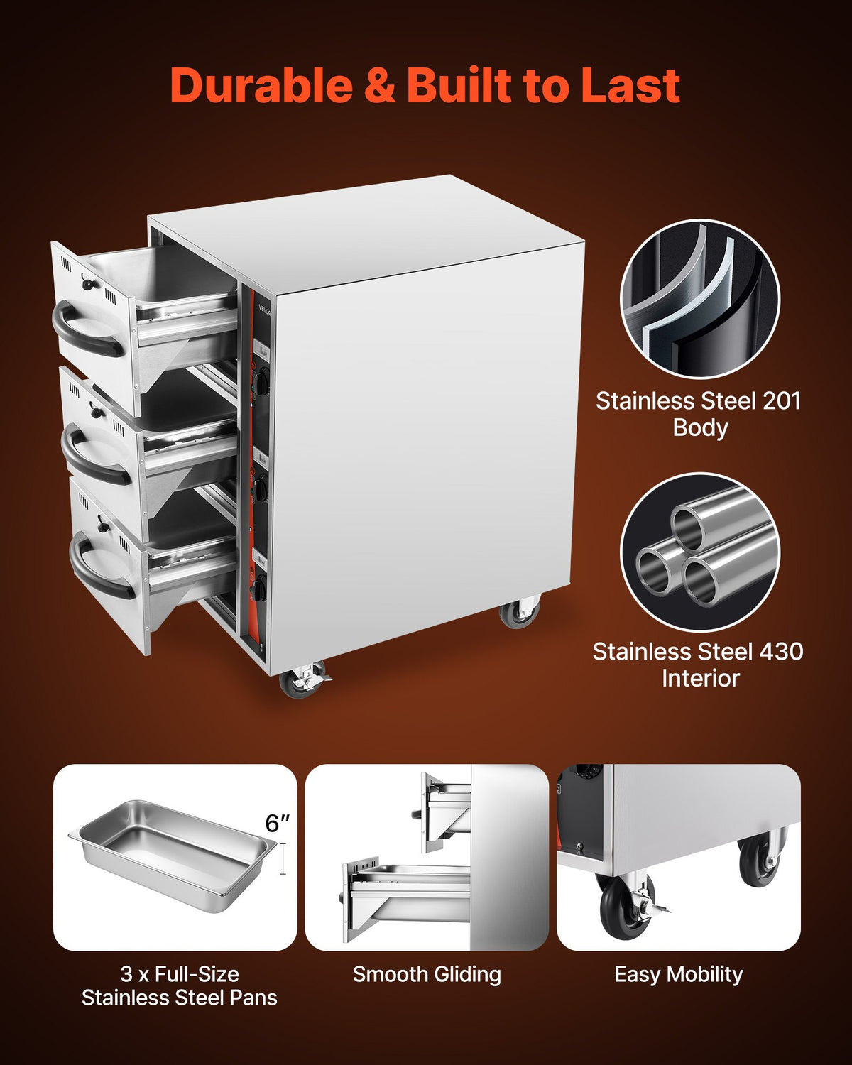 VEVOR Commercial Electric Drawer Warmer, Three-Drawer Stainless Steel Food Warmer, Freestanding Compact Warming Drawer Cabinet, 85°F–185°F Wide Temperature Range, for Restaurant, Hotel Buffet & Bakery - BWCTDLSZX3G05KLPH001V1 - view 6