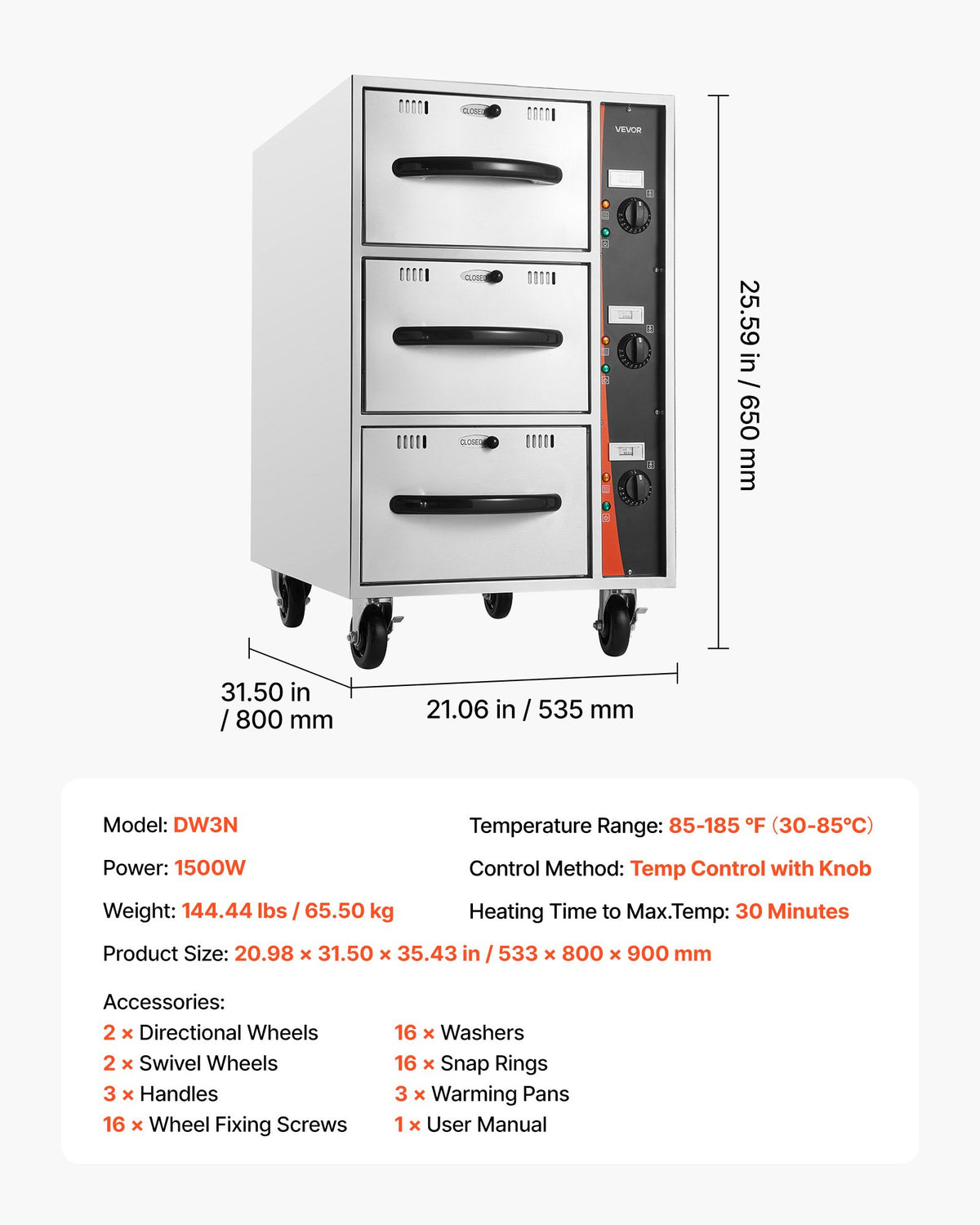 VEVOR Commercial Electric Drawer Warmer, Three-Drawer Stainless Steel Food Warmer, Freestanding Compact Warming Drawer Cabinet, 85°F–185°F Wide Temperature Range, for Restaurant, Hotel Buffet & Bakery - BWCTDLSZX3G05KLPH001V1 - view 8