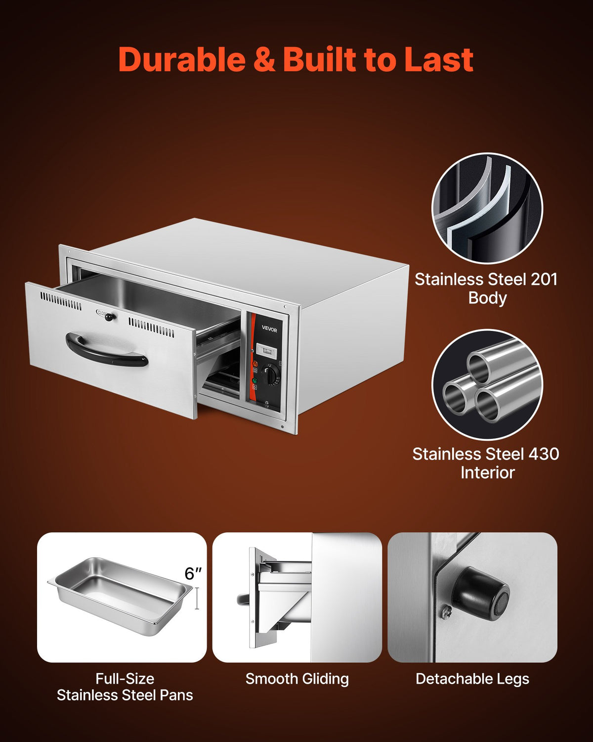 VEVOR Commercial Electric Drawer Warmer, Single-Drawer Stainless Steel Food Warmer, Built-in Installation Warming Drawer Cabinet, 85°F–185°F Wide Temperature Range, for Restaurant, Hotel & Bakery - BWCTQRSBZX1GN38TE001V1 - view 6