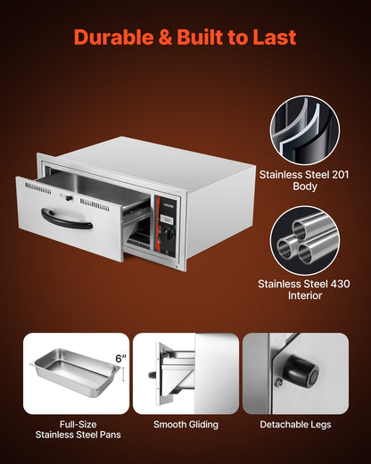 VEVOR Commercial Electric Drawer Warmer, Single-Drawer Stainless Steel Food Warmer, Built-in Installation Warming Drawer Cabinet, 85°F–185°F Wide Temperature Range, for Restaurant, Hotel & Bakery - BWCTQRSBZX1GN38TE001V1 - view 6