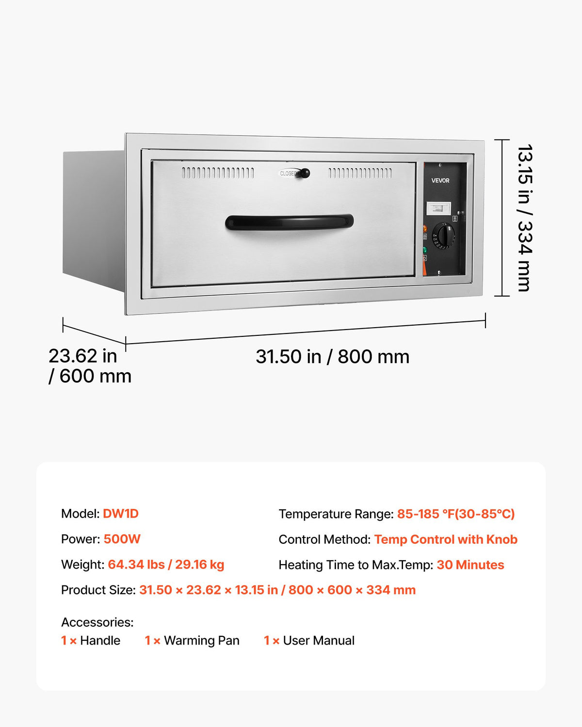 VEVOR Commercial Electric Drawer Warmer, Single-Drawer Stainless Steel Food Warmer, Built-in Installation Warming Drawer Cabinet, 85°F–185°F Wide Temperature Range, for Restaurant, Hotel & Bakery - BWCTQRSBZX1GN38TE001V1 - view 8
